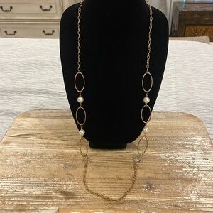 Vintage Gold Tone Faux Pearl Long Chain Statement Necklace